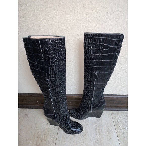 Jerome C. Rousseau Black Alligator Print Leather Lace Up Wedge Boots‎ 36.5 US6 - Picture 9 of 12